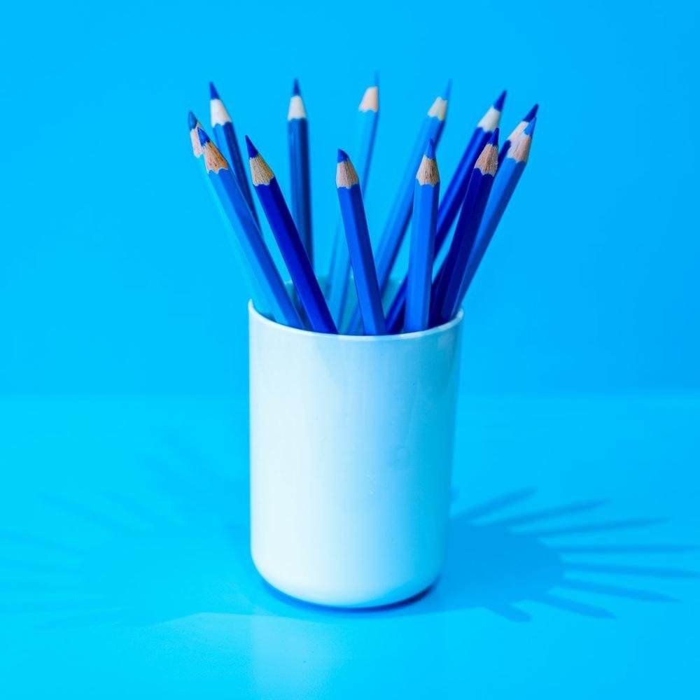 Blue pencils in a pot