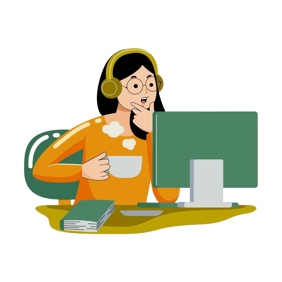 vector of a woman working on a laptop with headphones, holding a coffee at desk
