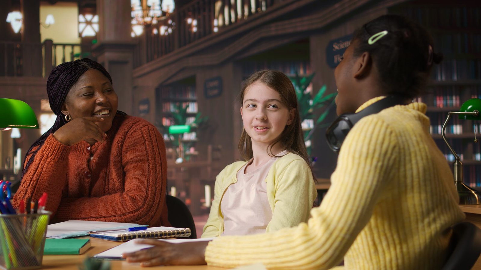 students and teacher discuss work in a library