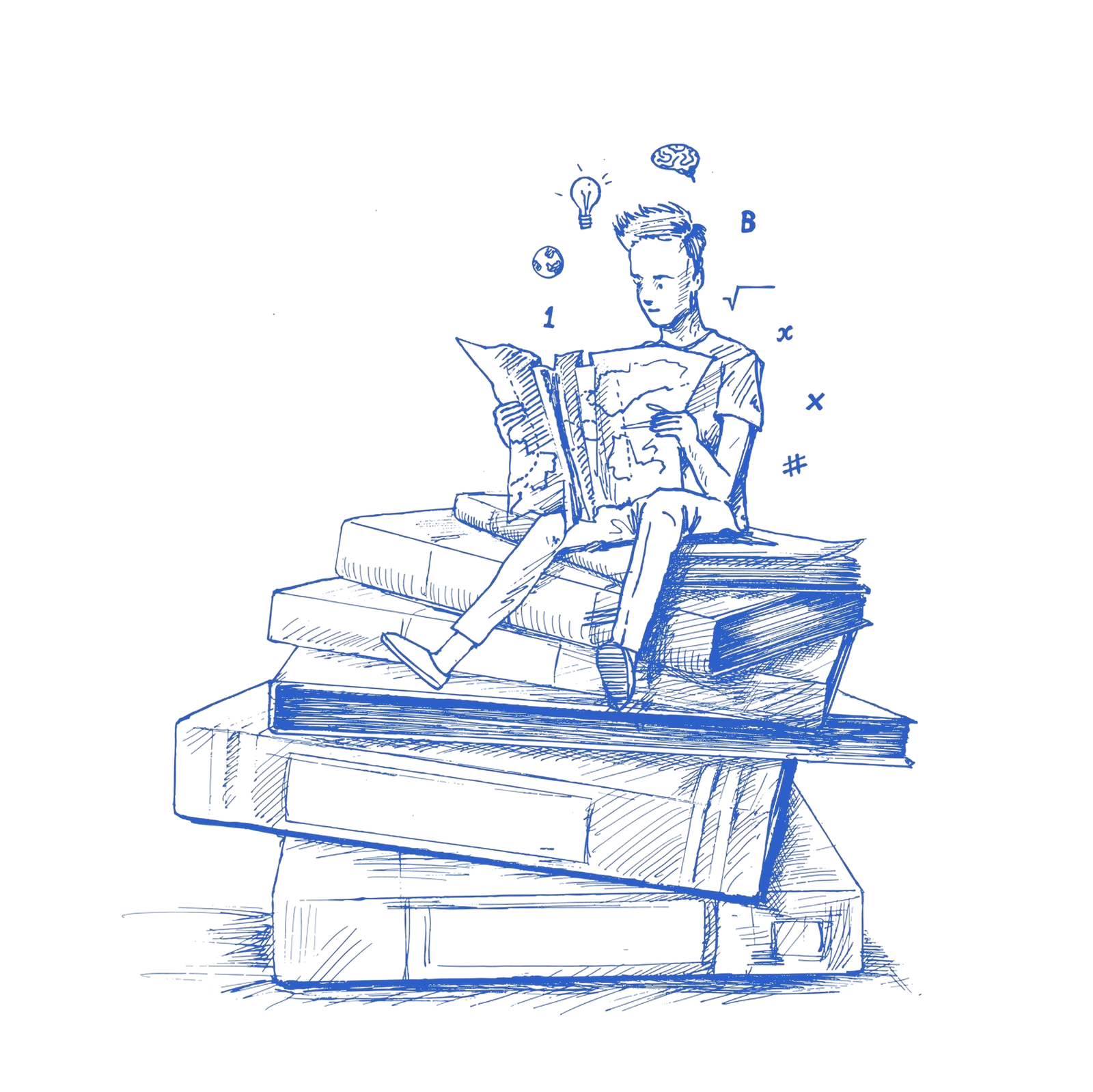 illustration of boy sat on books, reading a book