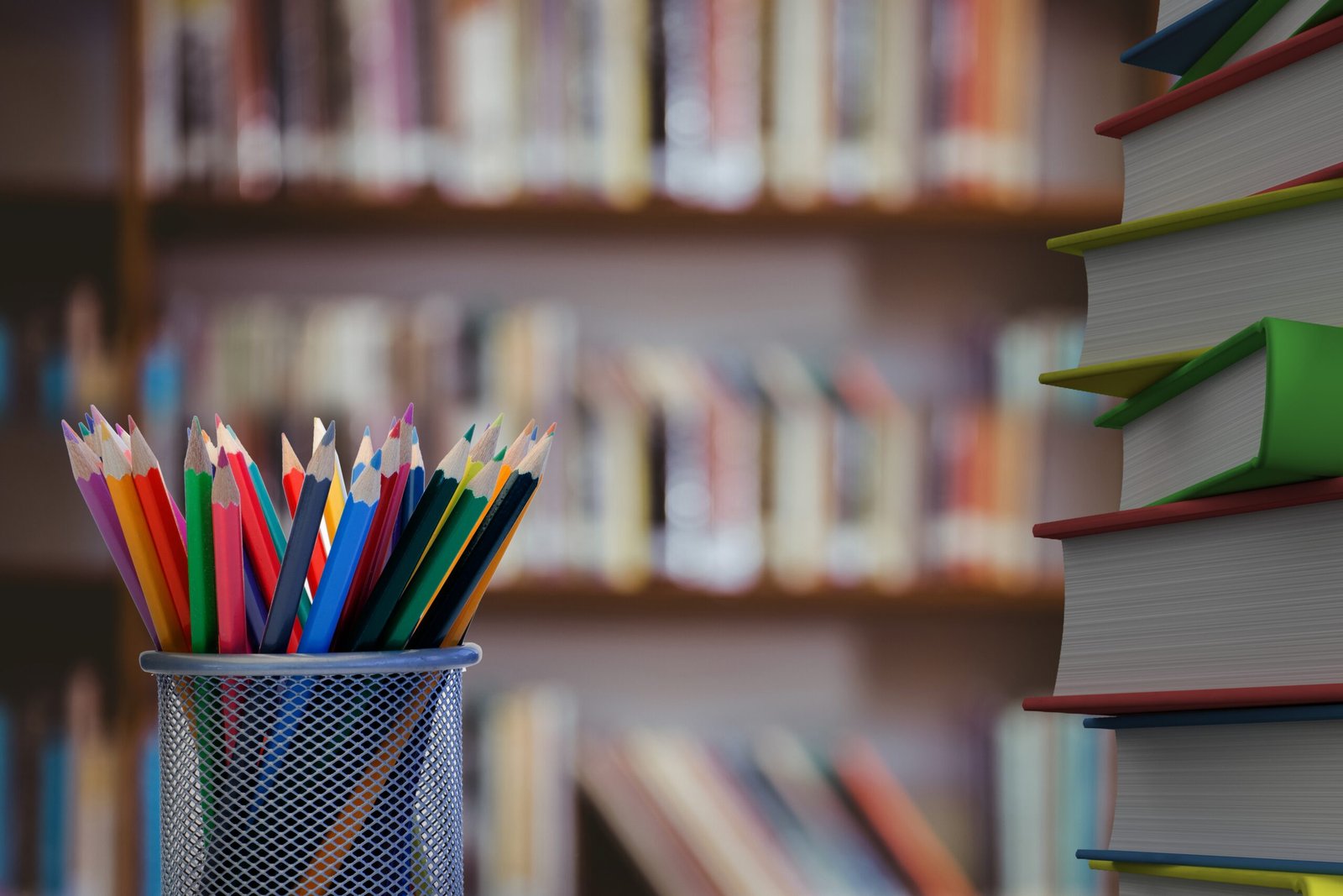 pencils and books in a library