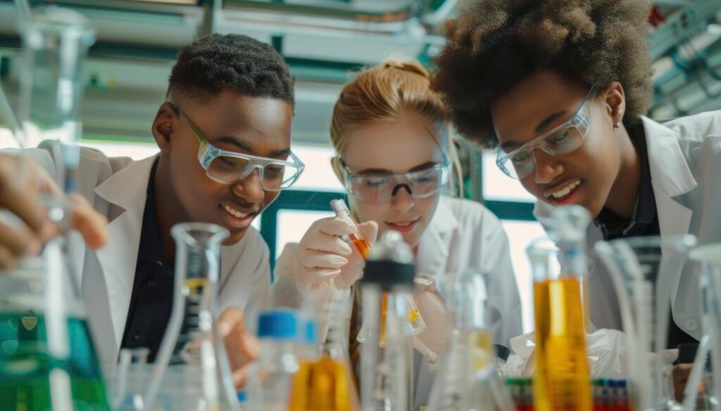 Students in a school science lab are completing work
