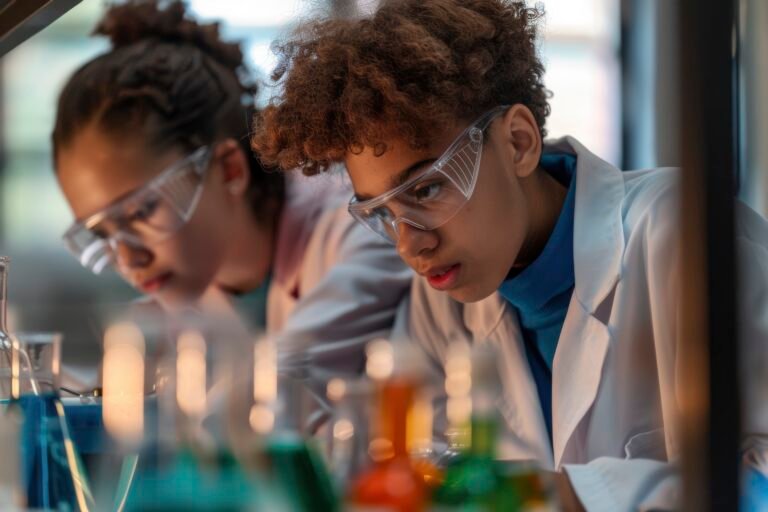 Students working in science class with a lab coat and safety goggles