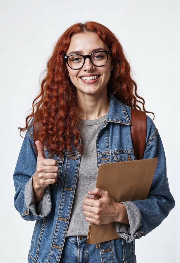 student happy with a thumb up, holding a book and has a backpack