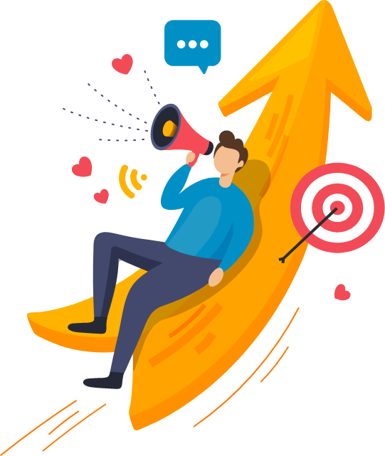 vector of man sat on an upward arrow speaking through a. speaker