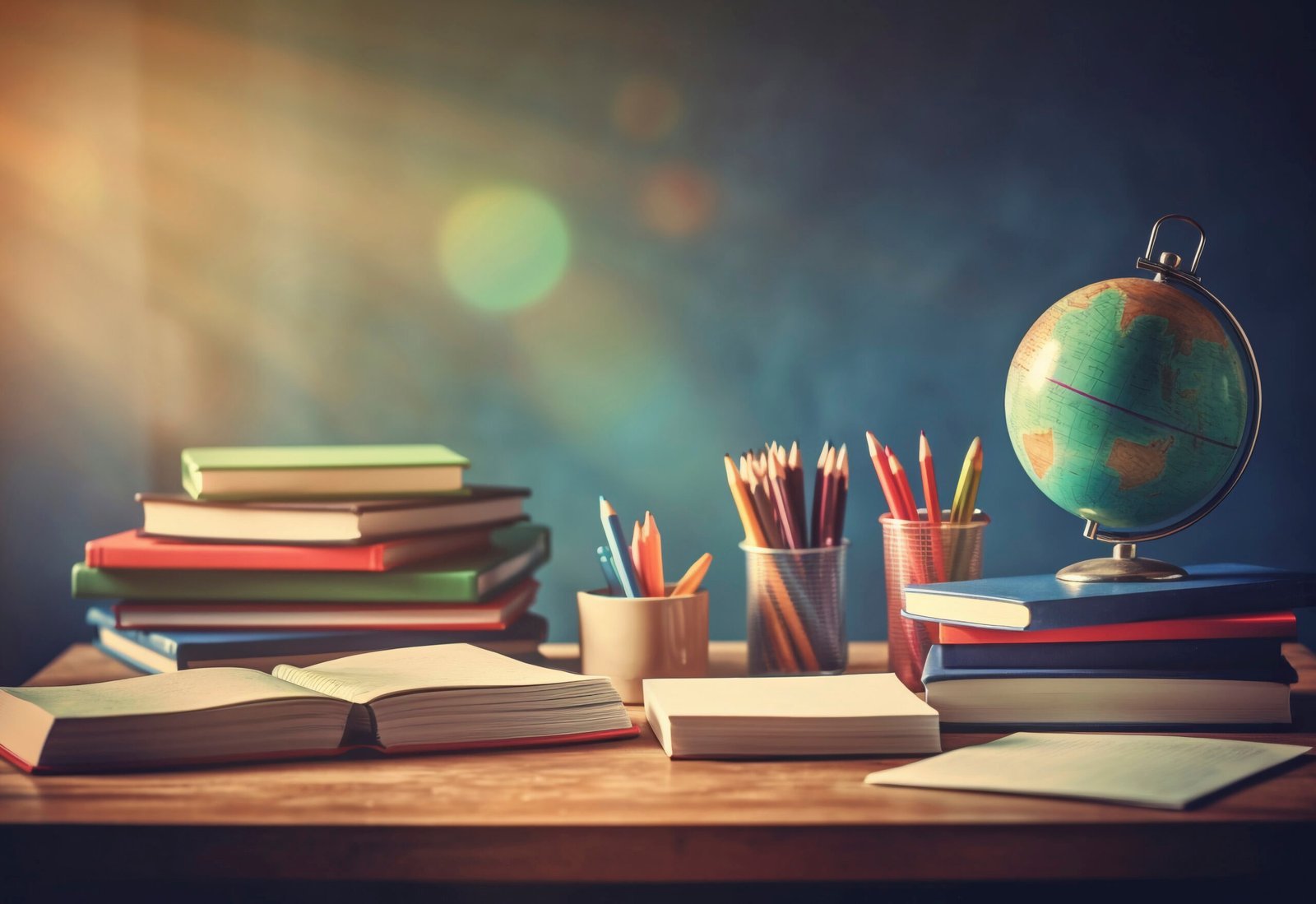 school supplies on a desk with lighting coming through window