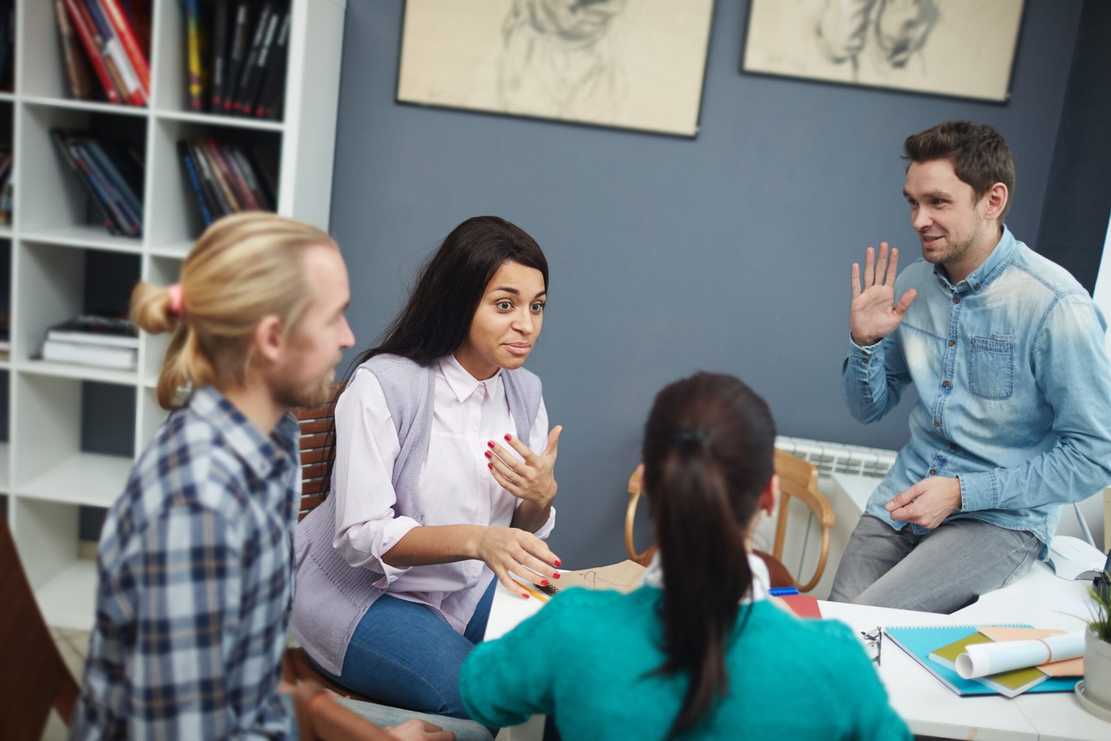 Students discussing work in a group