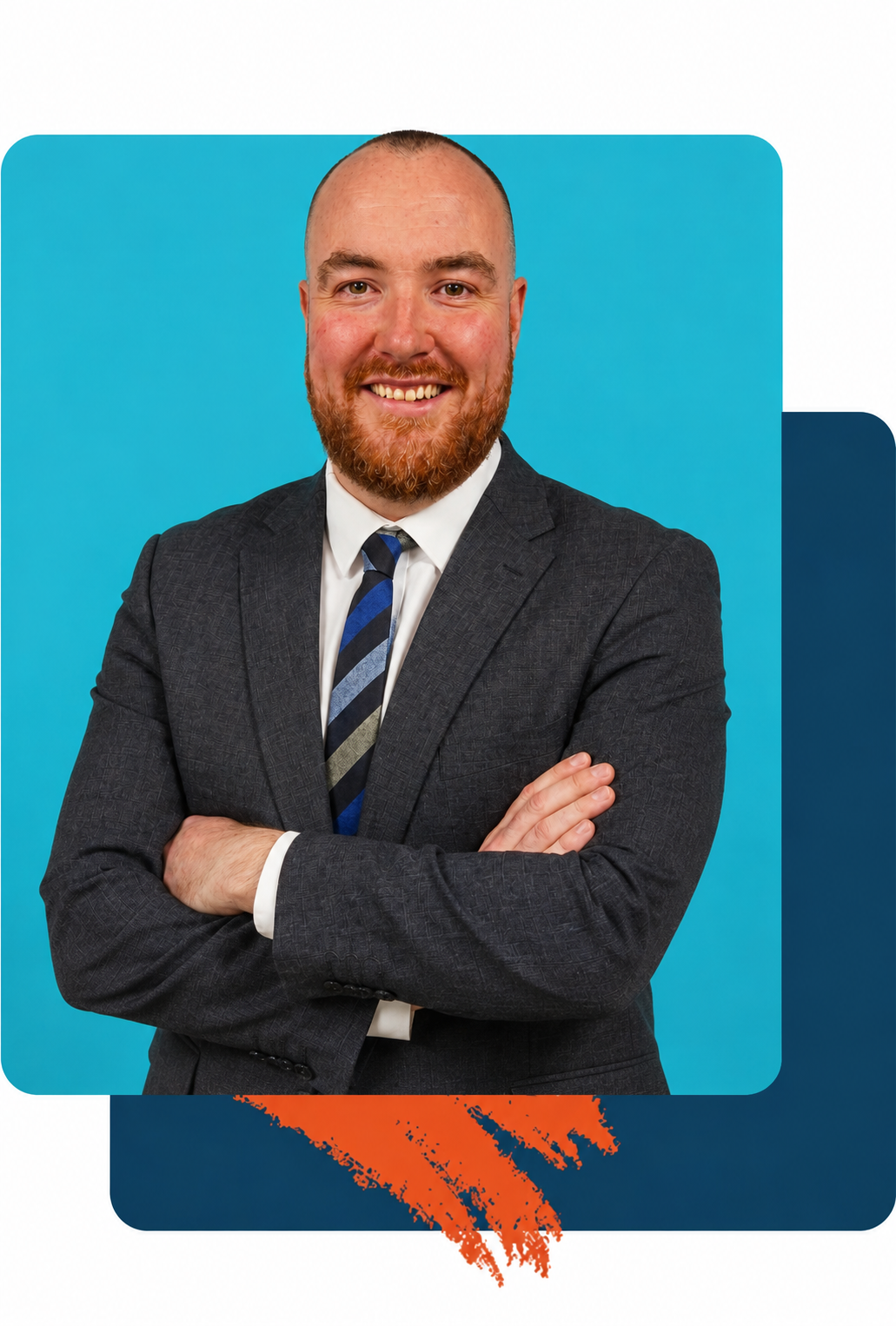 LCE Academy headteacher Sam Gray with folded arms and a cutout background